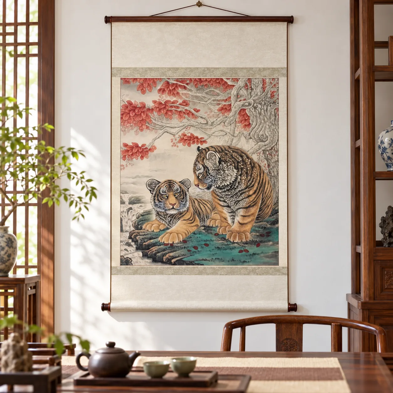 Two Tigers, One Glance | Autumn Leaf Tiger Painting tiger painting view 2