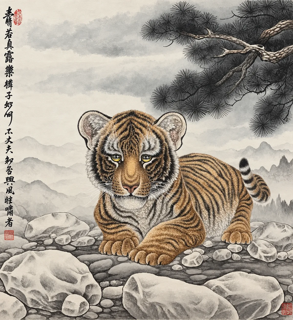 Young Tiger beneath the Pine | Chinese Gongbi Painting