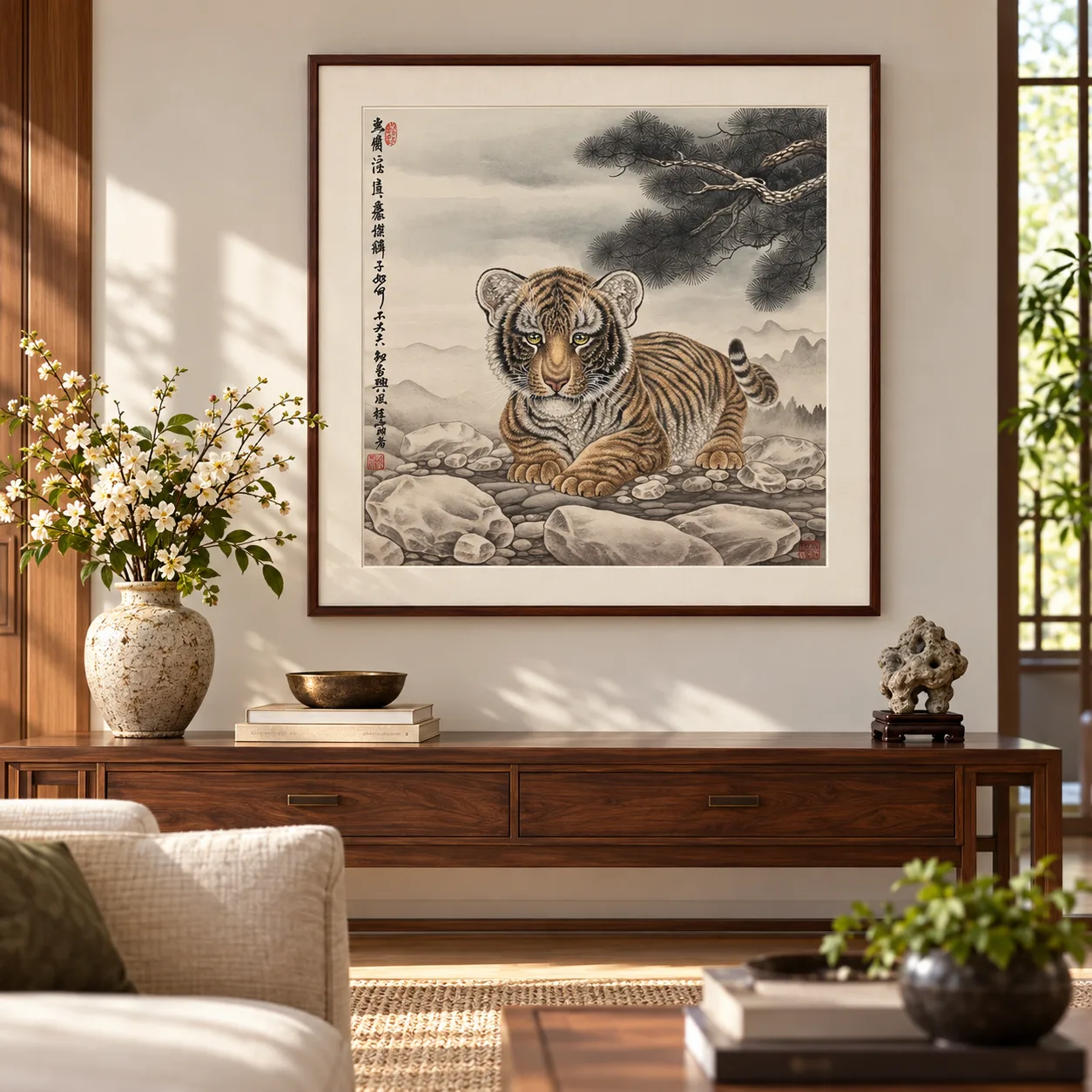 Young Tiger beneath the Pine | Chinese Gongbi Painting tiger painting view 9