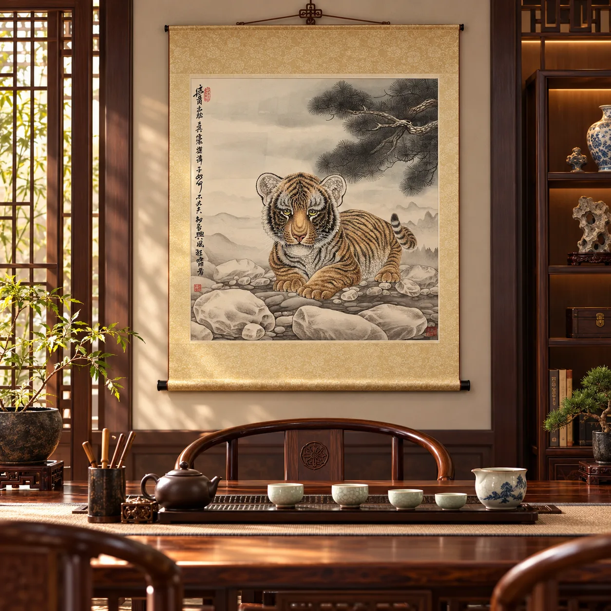 Young Tiger beneath the Pine | Chinese Gongbi Painting tiger painting view 10