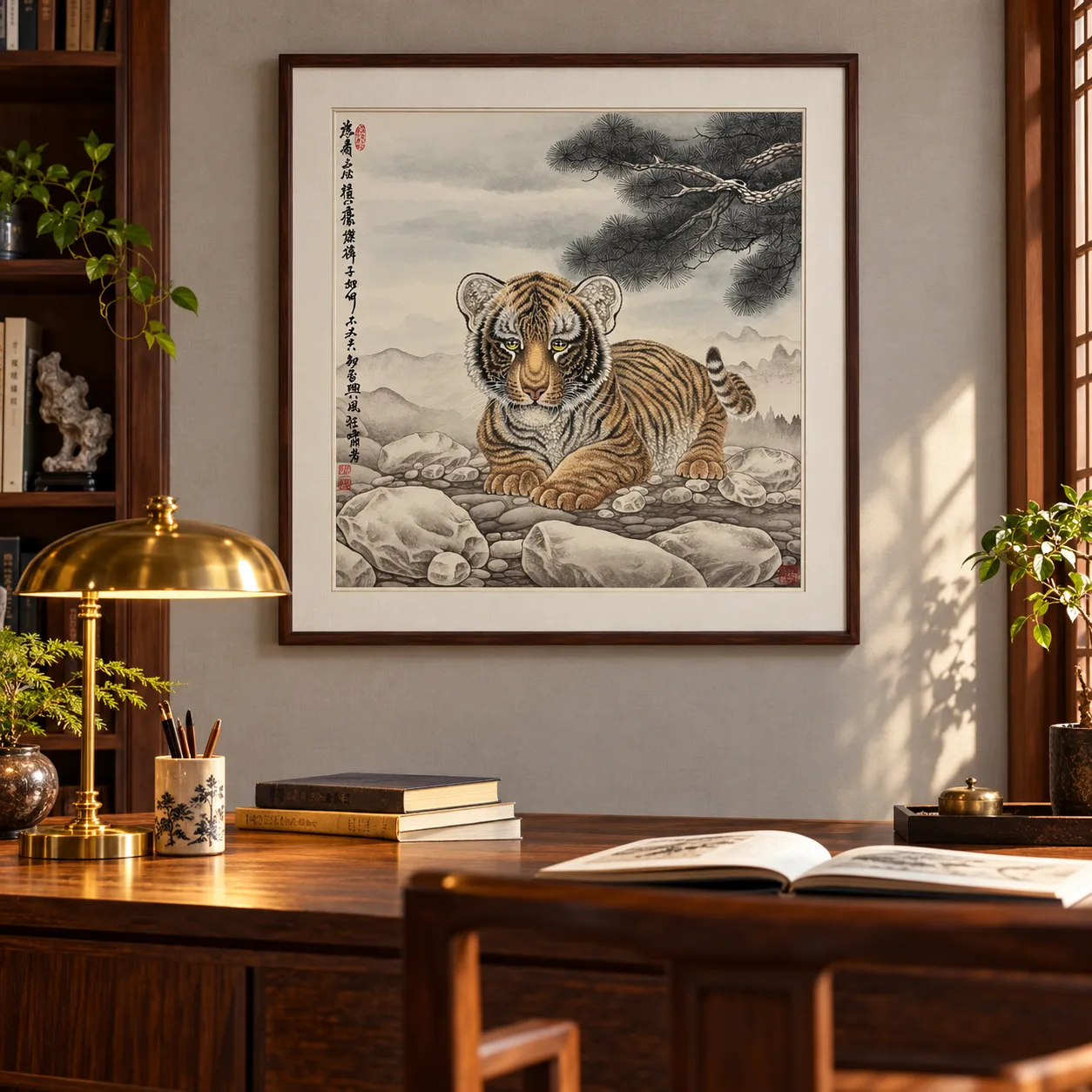 Young Tiger beneath the Pine | Chinese Gongbi Painting tiger painting view 11