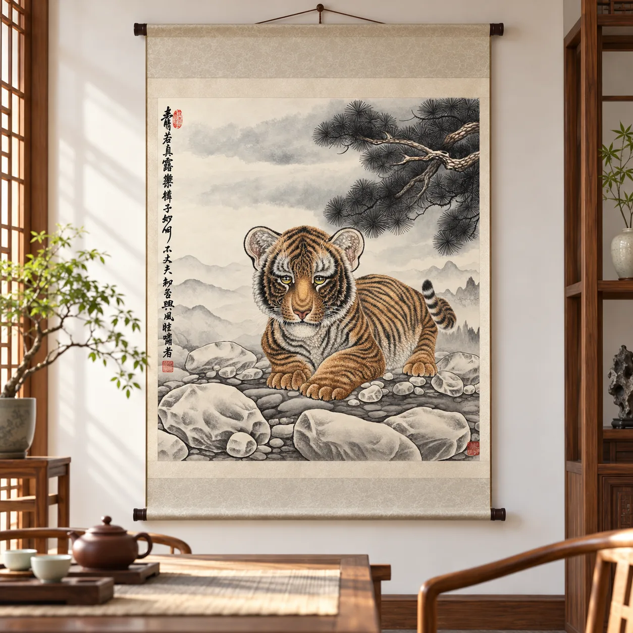 Young Tiger beneath the Pine | Chinese Gongbi Painting tiger painting view 3